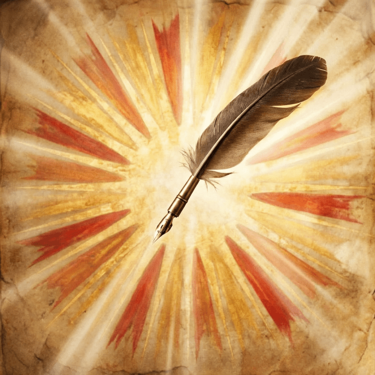 A vintage quill pen against a golden sunburst background.
